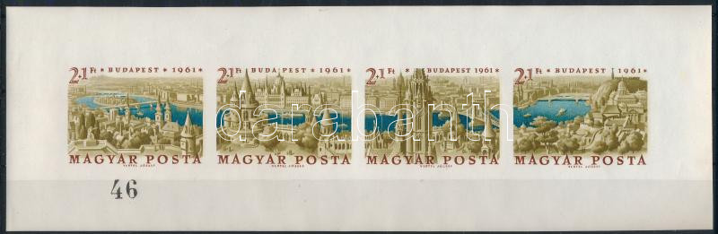 1961 Bélyegnap (34.) - Budapest Panoráma vágott ajándék blokk, alacsony 46-os sorszámmal!!! / Mi 1789-1792 imperforate block, with low number. RRR! (500.000)
