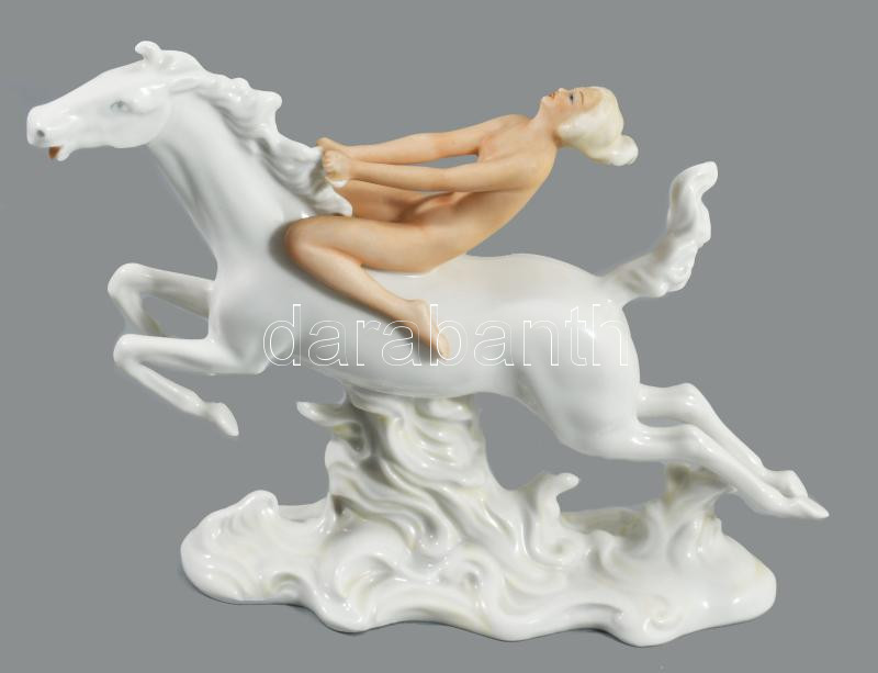 Schaubach Kunst lovagló nimfa figura. Mázas és biszkvit porcelán, jelzett, hibátlan, 17x13 cm