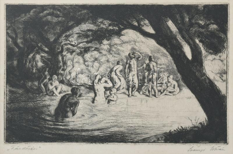 Szőnyi István (1894-1960): Fürdőzők. Rézkarc, papír, jelzett, 22x34 cm, üvegezett fakeretben.