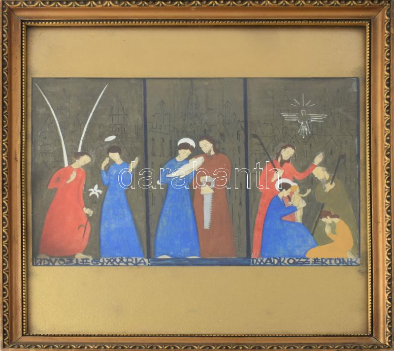 K. Péter Mária (1917-1975): Üdvözlégy Mária, imádkozz értünk (üvegablak vagy falkép terve). Vegyes technika, papír. Jelzés nélkül. Üvegezett fakeretben. 16,5x24 cm