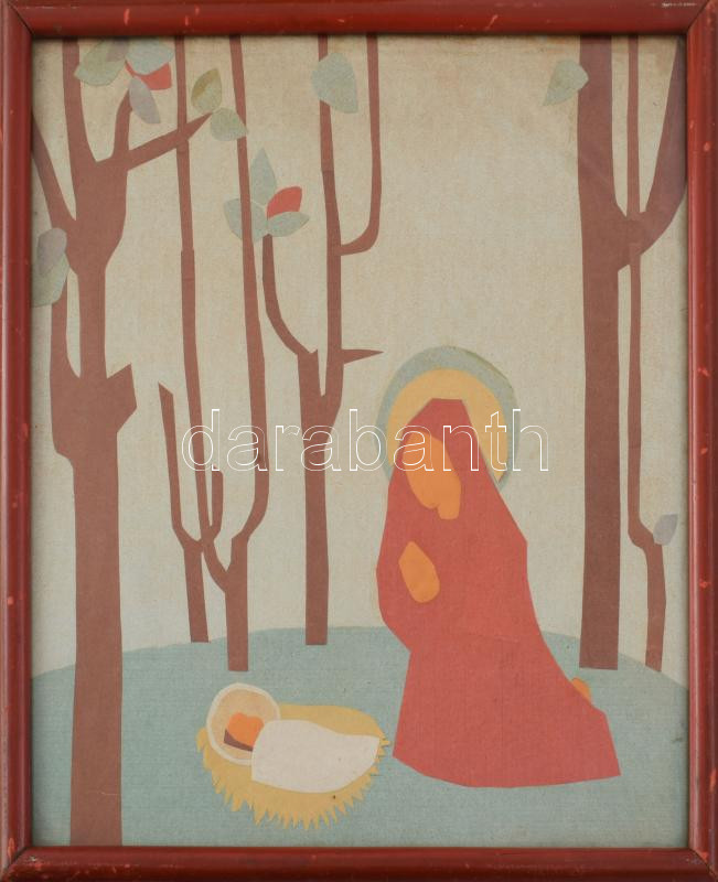 K. Péter Mária (1917-1975): Mária a kisdeddel. Kollázs, papír. Jelzés nélkül. Üvegezett fakeretben. 25x24 cm