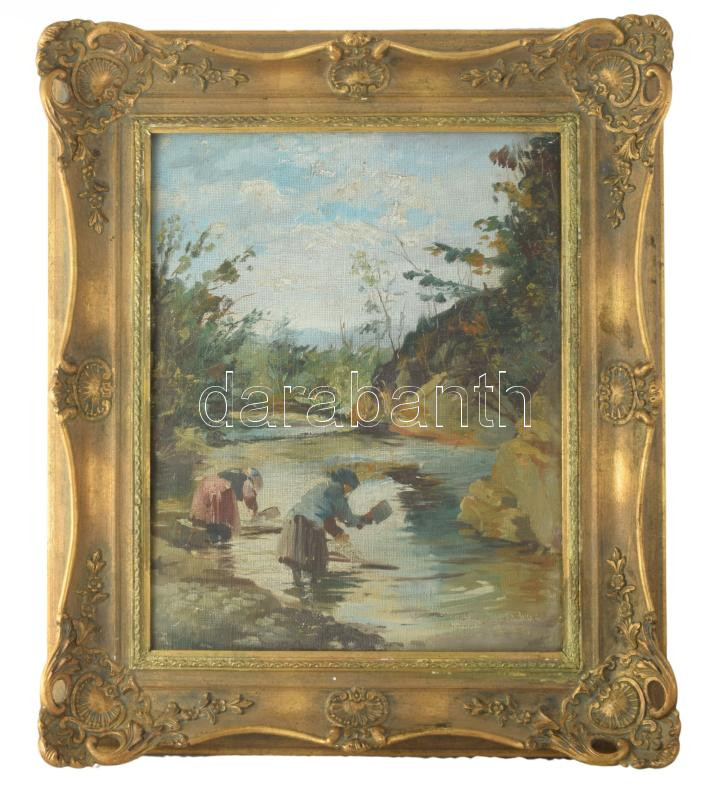 Jelzés nélkül: Mosóasszonyok. Olaj, vászon. Dekoratív fakeretben, 50×40 cm.