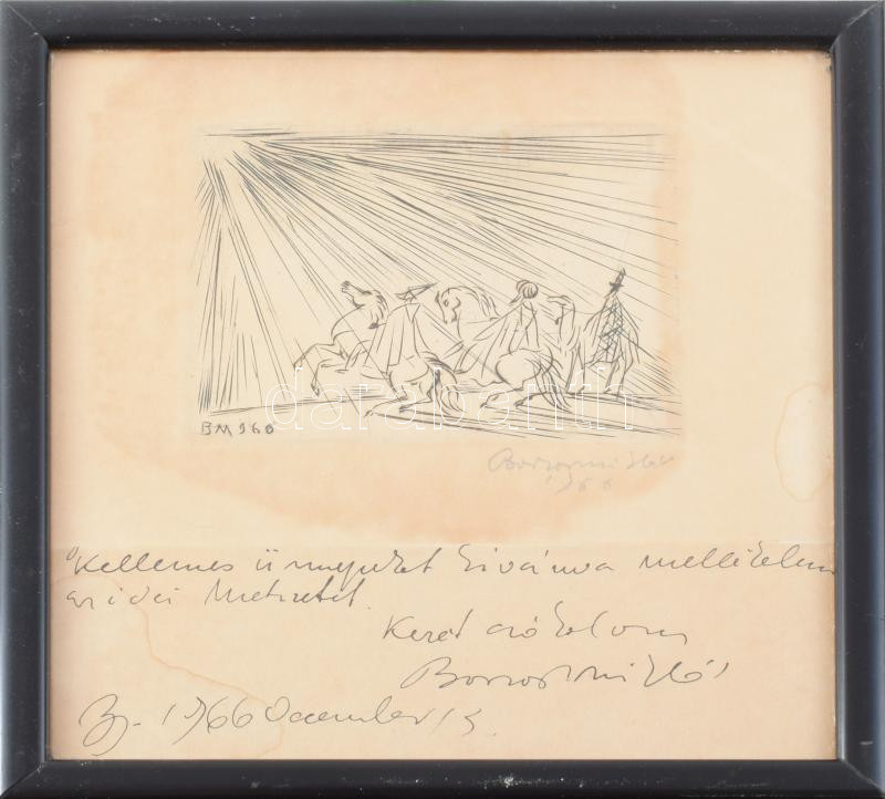 Borsos Miklós (1906-1990): Háromkirályok, 1966. Rézkarc, papír, jelzett, Borsos Miklós autográf soraival, üvegezett fakeretben, ázásnyomokkal, 8,5x11 cm