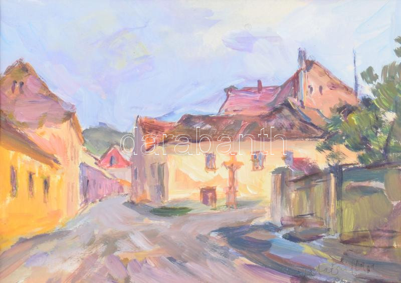 Vata Emil (1932-): Utcakép a Tettye felé, Pécs. Olaj, karton, jelzett, hátoldalán feliratozott, fakeretben, 17x24,5 cm