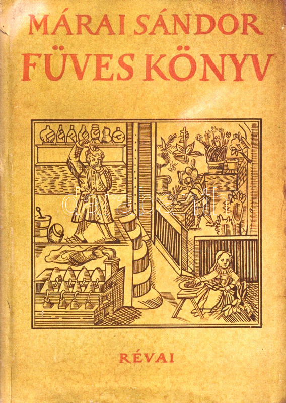Márai Sándor: Füves könyv. [Prózai epigrammák, maximák.] (Budapest, 1943). Révai (ny.) 214 + [2] p. Első kiadás. Márai Sándor (1900-1989) író józan életbölcsesség-könyvének első kiadása, változatos tartalmú bejegyzésekkel. Jóllehet a legtöbb maxima a függetlenség, a józanság, a személyes méltóság, az alkotás és a műveltség fontosságának témáiban születik, Márai időről időre megemlékezik olyan kulináris élményeiről is, mint amilyen a sárgarépa vagy a reszelt alma fogyasztása. Néhány oldalon enyhe rozsdafoltosság. (Márai Sándor munkái.) Mészáros 78. Aranyozott gerincű, kissé foltos kiadói félvászon kötésben, eredeti, színes, illusztrált, enyhén hiányos és foltos védőborítóban, felül színes festésű, oldalán kissé foltos lapszélekkel.
