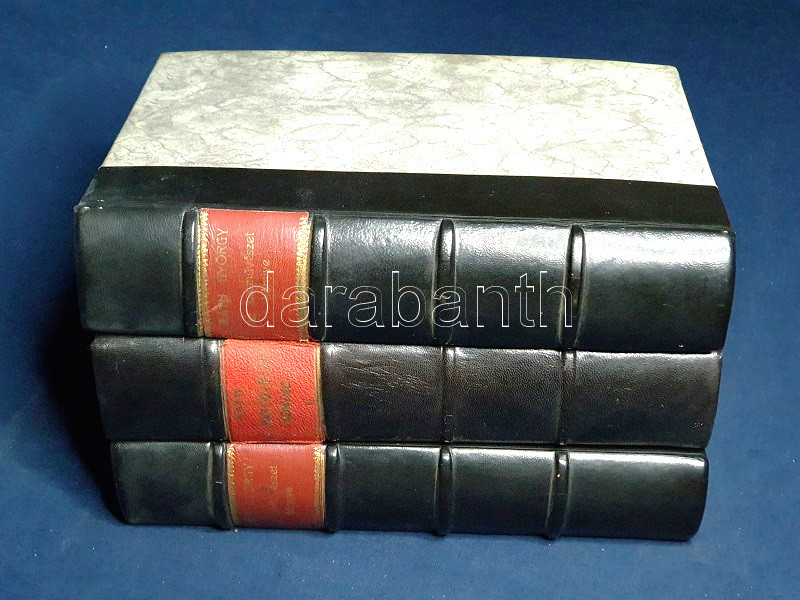 Az iparművészet könyve. Szerkeszti Ráth György. I-III. kötet. [Teljes mű három kötetben.] Budapest, 1902-1912. Athenaeum Irodalmi és Nyomdai Rt. 1 t. (hártyapapírral védett címkép) + VII + [1] + 532 p. + 91 t. (8 színes, ebből 3 kihajtható; 83 egyszínnyomású, ebből 3 kihajtható); [4] + 646 p. + 85 t. (8 színes, egy rézmetszet); [4] + 633 + [3] p. + 73 t. (3 színes). Első kiadás. A Ráth György (1828-1905) jogtudós, műgyűjtő, művészettörténeti író, az Iparművészeti Múzeum megszervezője és igazgatója által szerkesztett, gazdagon illusztrált háromkötetes munka az iparművészet valamennyi ágazatának első, magyar nyelvű szintézise, részfejezeteit a témák legfontosabb magyar szerzői írták, a korabeli nagy összefoglalók eljárásával szemben szakmunkánk kimondottan bőven tárgyalja az iparművészetek magyar eredményeit. Tartalma: Gróh István: A művészeti stílusok fejlődése -- Marczali Henrik: Az iparos osztály fejlődése Magyarországon -- Ráth György: Az érem -- Áldássy Antal: A pecsétek -- Lyka Károly: A mozaik -- Éber László és Czakó Elemér: A sokszorosító művészet -- Ráth István: Glyptika -- Diner-Dénes József: Az elefántcsont-faragás -- Divald Kornél: A fafaragás -- Lyka Károly: Az üvegfestés -- Divald Kornél: A lakkművesség -- Gaul Károly és Éber László: A bútor -- Wartha Vince: Az agyagművesség -- Edvi Illés Aladár: A fémek szerepe az iparművészetben -- Mihalik József: Az ötvösség -- Éber László: A bronz és az ón -- Csányi Károly: A vasművesség -- Mihalik József: Az üveg -- Gulyás Pál: A könyvkötés -- Mihalik Gyula és Török Kálmán: Szövött munkák -- Nádai Pál: Iparművészeti törekvések a huszadik században. Az első kötet egy tábláján régi gyűjteményi bejegyzés. Poss: Rákosi Jenő könyvtára. Egységes, álbordás korabeli félbőr kötésben, az aranyozott címfelirat a gerincen vörös címkén, felül aranyozott lapszélekkel. Jó példány.