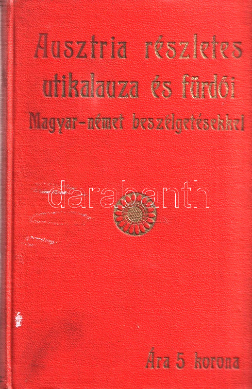 Kapitány Kálmán: Az osztrák császárság. Magyar útikönyv. 11 térképpel s 6 városi tervrajzzal. Budapest, 1908. Lampel Róbert (Wodianer F. és Fiai) - Franklin-Társulat ny. VIII + 328 p. + 16 térkép (7 színes régiótérkép, 6 kihajtható, kétszínnyomású várostérkép, 3 közlekedési térkép). Kapitány Károly ügyvéd, turisztikai szakíró a kötet előszavában így indokolja műve létrehozását: "Hogy magyar útikönyvekre, egy Magyar bédekkerre szükség van, azt már a napisajtó is hangoztatja [...]. Manapság, különösen a nyári utazások évadján mindenfelé, az osztrák császárság területén pedig az egész évben tömérdek a magyar utas, és valamennyi: idegen útikönyvvel, szinte kizárólag a német Baedekker Károly-félével utazik. E világhírű útikönyveknek az általánosan ismert, jeles tulajdonságai közt van egy, amely a magyar utas szempontjából roppant hibaként jelentkezik, s ez az, hogy e könyvek, németek. Látszólag ugyan nem törődnek semmi mással -- legkevésbé olvasójuk nemzetiségével -- csak az utazással: az úttal s az utassal; de a valóságban erősen germán alapon állanak, s nemzeti szempontot nem ismernek, mert (három-négy állam németül beszélő lakósai részére készülvén) nem is ismerhetnek, nehogy egyik olvasójuk kedvéért ellentétbe jöjjenek egy másiknak a nemzeti érzületével. Ez lesz az oka annak is, amit első tekintetre észrevesz az ember, hogy e könyvek az útvonalak leírásánál következetesen mellőzik azokat a történelmi s egyéb magyar vonatkozásokat, amelyekkel külföldön lépten-nyomon találkozik az ember, s amelyek a magyar utast kiválóan érdeklik. Így hallgatással mellőzik -- hogy csak az osztrák császárságra szorítkozzék a példák felsorolása -- a bécsi múzeumok tömérdek magyar kincsét, az ottani magyar egyesületeket, a magyar minisztériumot, a Szent István-napi magyar ünnepet, a Pázmáneumot, a magyar szállodákat, hírlapokat, idegenvezetőket [...], Bécsújhelynél IV. Béla csatáját, Frangepán és Zrínyi síremlékét, ereklyéit s kivégzésük helyét, továbbá II. Rákóczi Ferenc börtönét; elhallgatják a linzi békét [...], nem említik Grácot, mint jelentékeny magyar települőhelyet, a kufsteini magyar foglyokat, Arany János kárlszbádi padját, nem szólnak a nikolsburgi békéről, a bukovinai csángókról, a sok régi magyar-lengyel vonatkozásról". A kötet tehát kimondottan a magyar érzületű utas szempontjai szerint dolgozza ki a kettős monarchia császári részének praktikus úti tanácsait, a borravalóadási szokásoktól a mosatás költségeiig, a különféle zenei szórakozások árszínvonaláról, a társaskocsi-hálózat és a vasúti hálózat részleteitől a magyar és osztrák kávéházi kultúra, sajtó, művelődés és közoktatás különbségeiig; valamint meggyőzi magyar olvasóját, hogy külföldön járva a személye iránti érdeklődés nagyját tulajdonítsa a külföld számára egzotikus, "hun" mivoltának, és a nyelvi nehézségeken való túllendülés érdekében praktikus beszédfordulatokat is közöl a könyv. Jóllehet a szakmunka keletkezésének idején Magyarországon már jócskán kibontakozott a turistáskodás (természetjárás) iránti érdeklődés, útikönyvünk az Osztrák Császárság területét sokkal inkább épített és kulturális öröksége, valamint fürdőhelyi kikapcsolódási lehetőségei jegyében vázolja, semmint az alpinizmus kulcsterületeként. A hátsó előzéken színes térkép. Aranyozott, vaknyomásos, enyhén foltos korabeli egészvászon kötésben, pávamintás festésű lapszélekkel, az első kötéstáblán: "Ausztria részletes útikalauza és fürdői - Magyar-német beszélgetésekkel" címfelirattal. Jó példány.