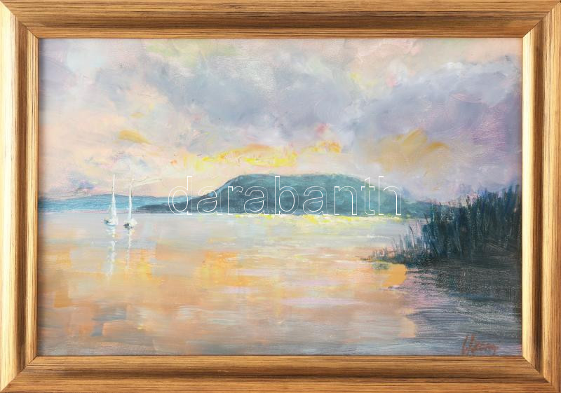 Uzonyi Ferenc (1963-): Badacsony (Balaton vitorlásokkal). Olaj, farost, jelezve jobbra lent, dekoratív fakeretben, 20×30 cm