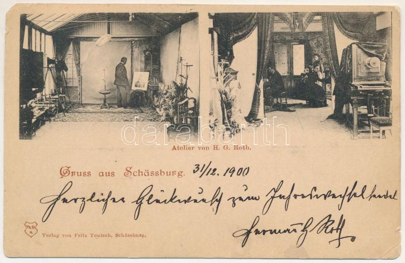 1901 Segesvár, Schässburg, Sighisoara; Atelier von H. G. Roth / H. G. Roth fényképész műterme, belsők, fényképezőgépek. A képeslap feladója és aláírója maga a fényképész, Hermann G. Roth. Fritz Teutsch kiadása / photographer's atelier, interior with cameras, letter of the photographer (EM)  Hermann G. Roth kereskedő és fényképész az 1890-es években rendezte be műtermét Segesváron. A századfordulón működő képeslapkiadók előszeretettel használták látképeit a Segesvárt és környékét ábrázoló termékeiken. A fenti ritka képeslap a fényképész saját műtermének részleteit jeleníti meg, a művésszel és néhány vendéggel együtt. További érdekesség, hogy a lapot maga Hermann G. Roth küldte Emil Sigerus (1854-1942) szász történésznek, néprajzkutatónak, Nagyszeben város krónikája szerzőjének.  //  Merchant and photographer Hermann G. Roth set up his studio in Sighisoara in the 1890s. Postcard publishers operating at the turn of the century were fond of using his views on their products depicting Sighisoara and its surroundings. The rare postcard above shows details of the photographer's own studio, together with the artist and some guests. Another interesting fact is that the card was sent by Hermann G. Roth himself to Emil Sigerus (1854-1942), a Saxon historian, ethnographer, and author of the Chronicle of the City of Sibiu.