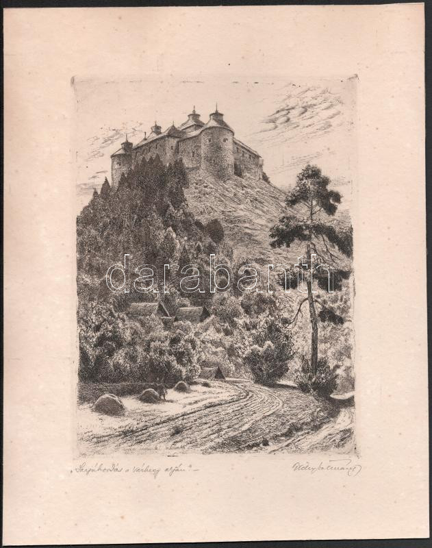 Tichy Kálmán (1888-1968): Sarjúhordás a várhegy alján(Krasznahorka vára?). Rézkarc, papír, kartonra kasírozva, 26x19 cm.