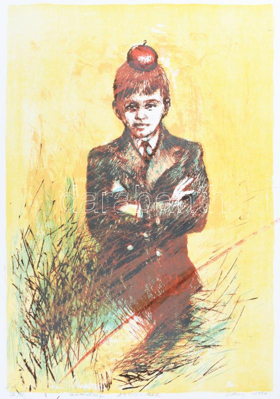 Veszely Ferenc (1945-): Önarckép 1955-ből (1990). Litográfia, papír. Jelzett, művészpéldány EA IX/XV számozással. 58x40 cm