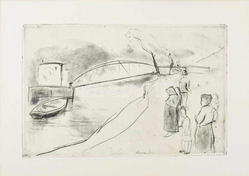 Szőnyi István (1894-1960): Dunapart. Rézkarc, papír. Hátoldalán "Szőnyi István hagyatéka" bélyegzővel. Paszpartun "Szőnyi István hagyatéki anyaga 12/50" felirattal és számozással. 12,5×19 cm
