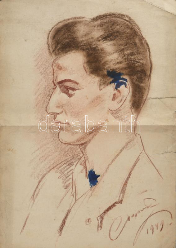 Olvashatatlan jelzéssel: Forgács Ernő (1930-2019) labdarúgó, az FTC játékosának és későbbi utánpótlásedzőjének portréja, 1949. Pasztell, papír. Szakadásokkal, hajtásnyommal. 43x30,5