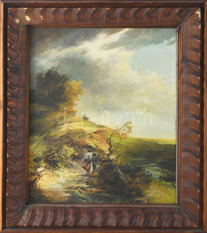Jelzés nélkül, feltehetően orosz festő, XX. sz. vége. Emberek a viharban. Olaj, vászon, faroston, fakeretben, 37×30 cm