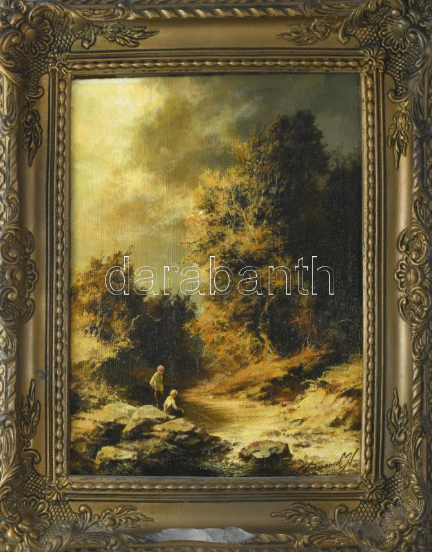 Olvashatatlan jelzéssel, feltehetően orosz festő, XX. sz. vége: Pecázó fiúk. Olaj, vászon. Dekoratív, sérült fakeretben, 40×30 cm