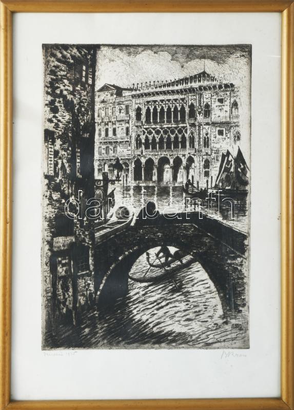 Krón Béla (1884-1965): Velencei részlet, 1925. Rézkarc, papír, jelzett, üvegezett fakeretben, 27,5×19 cm