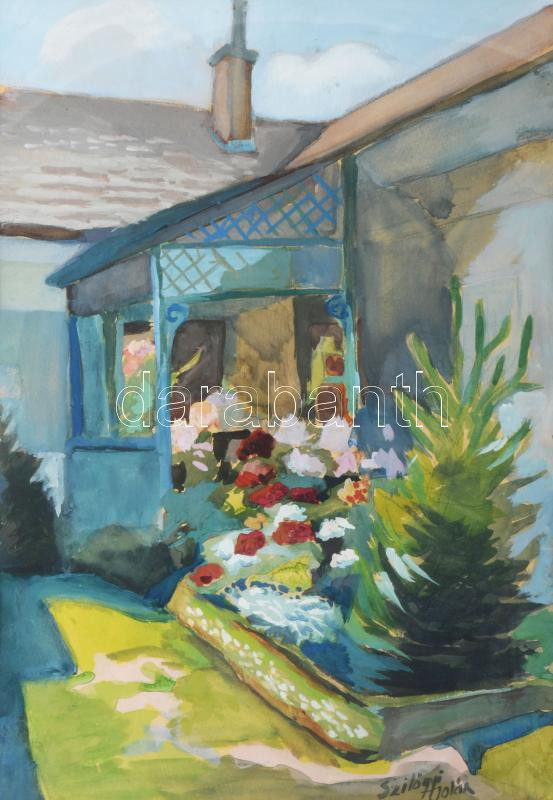 Szilágyi Jolán, Szamuely Tiborné (1895-1971): Virágos udvar Nagymaroson. Akvarell, ceruza, papír, jelzett. Üvegezett fakeretben. 49×34 cm