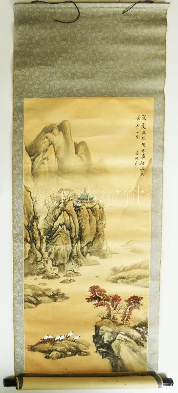 Olvashatatlan jelzéssel, távol-keleti alkotó: Madarak a tájban. Akvarell, papír, feltekerve, apró foltokkal és paró felületi sérüléssel, 111x46,5 cm