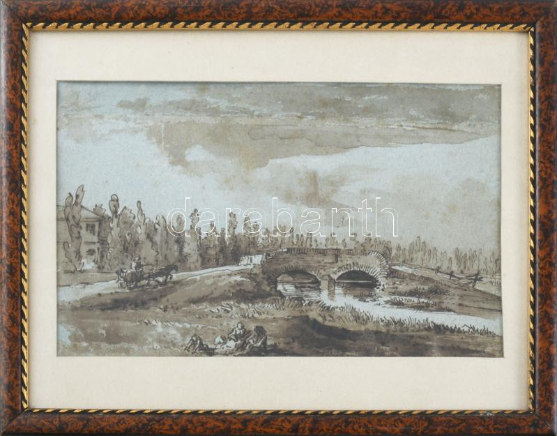 Jelzés nélkül, feltehetően XIX. sz. művész: Emberek a tájban. Tus, papír. Üvegezett fakeretben. 17x28 cm