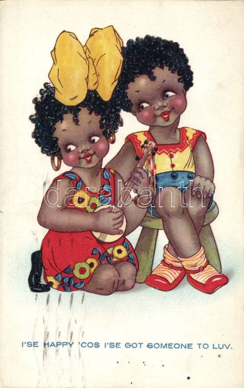 Fekete gyerekek, szerelmes pár, bendzsó litho, Black kids, love couple, banjo litho