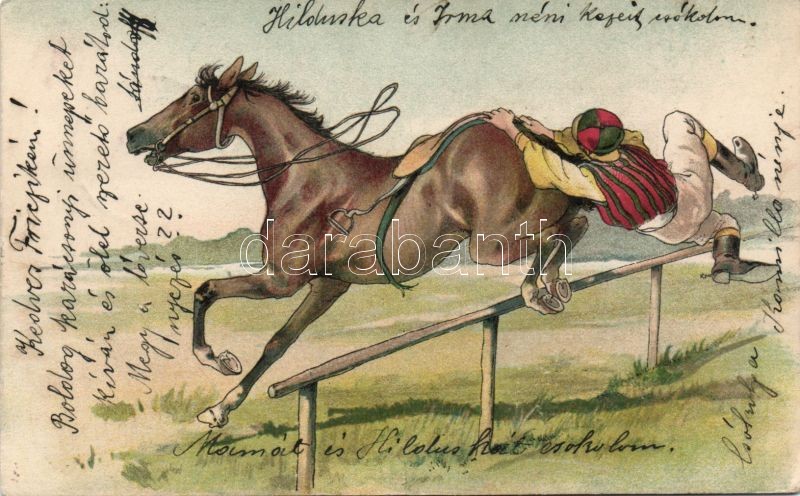 Lóverseny, humoros lap, litho, Horse race, humorous postcard, litho