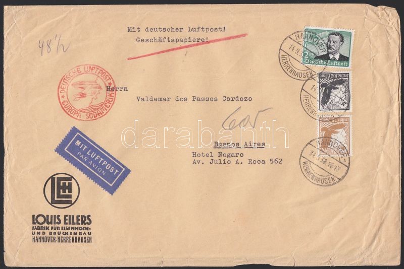 Légi levél Argentínába 3,25 RM bérmentesítéssel, Airmail cover to Argentina with 3,25 RM franking