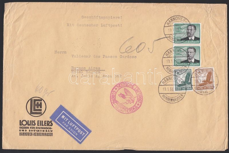 Airmail cover to Argentina with 4,75 RM franking, Légi levél Argentínába 4,75 RM bérmentesítéssel