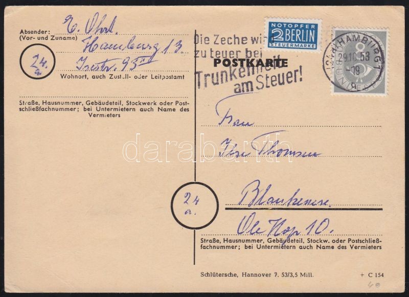 Posthorn 8Pf one franked postcard, Posthorn 8Pf egyes bérmentesítés levelezőlapon