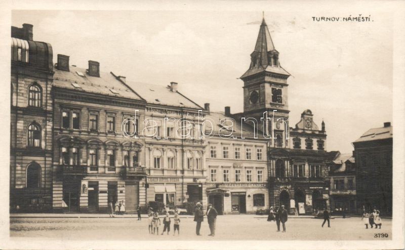 Turnov, Namesti / square, Grand Hotel Benda, Hotel U Ceského Granátu, shops of Frantisek Svoboda and Josef Cermák