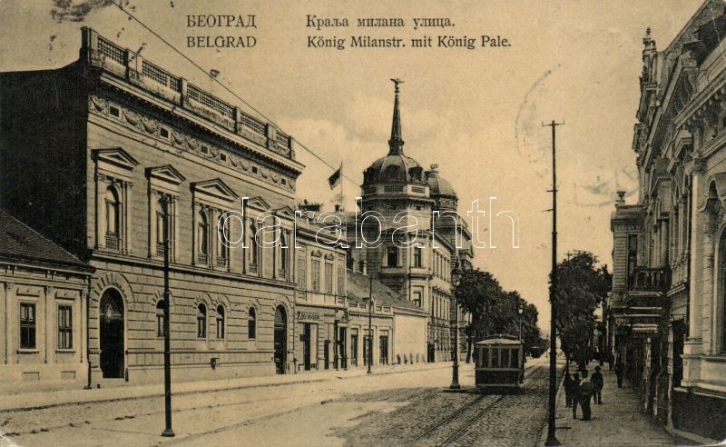 Belgrade, König Milanstrasse, König Pale / street, palace, tram