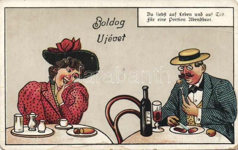 Újév, Abendbrot kenyér, humoros lap, litho, New Year, Abendbrot humorous postcard, litho