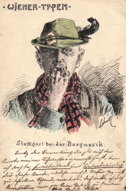 Wiener Typen, Stamgast bei der Burgmusik, handmade postcard s: Lehner