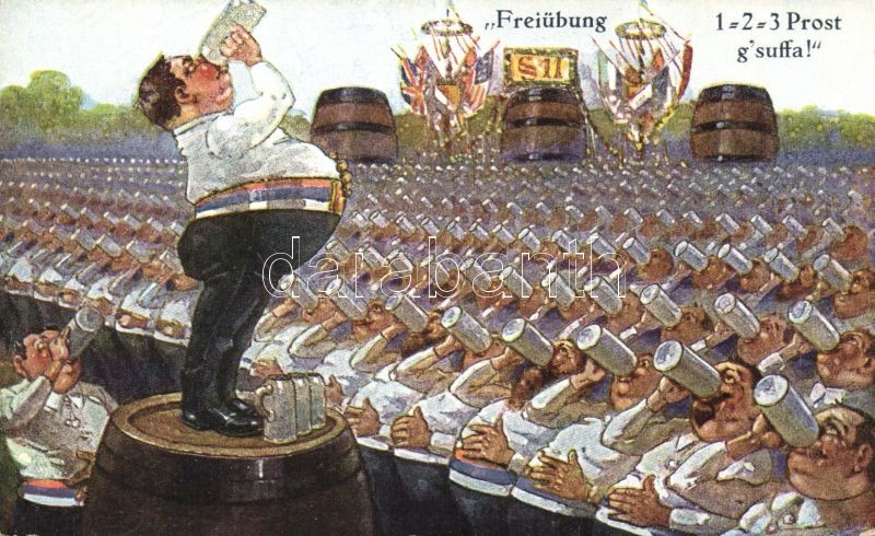Freiübung / Beer drinking exercise, humour, A.S.M. Nr. 1244., Sörivó gyakorlat, humoros lap, A.S.M. Nr. 1244.