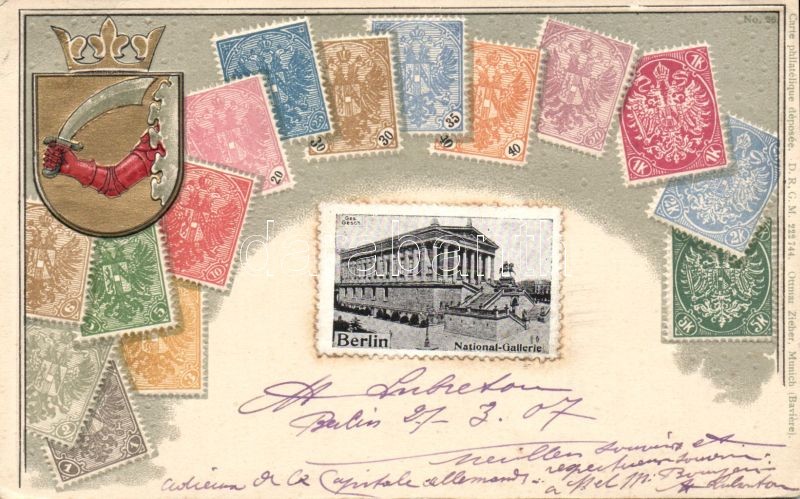 Berlin, National Gallerie / museum, coat of arms, German stamps, Ottmar Zieher's Carte philatelique No. 26. Emb. litho
