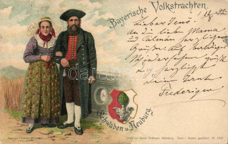 1899 Bayerische Volkstrachten, Schwaben u. Neuburg, Gustav Erdmann Serie I. No. 2367. litho, 1899 Bajor folklór, Gustav Erdmann Serie I. No. 2367. litho