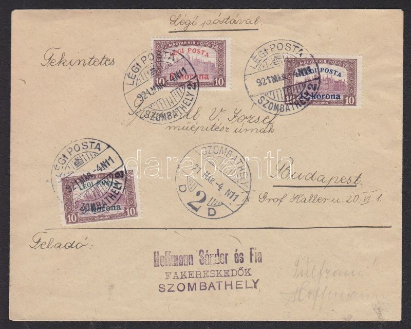 1921.03.04. (2. díjszabás) Légi levél teljes sorral &quot;SZOMBATHELY&quot; - &quot;BUDAPEST&quot;, Complete set on airmail cover &quot;SZOMBATHELY&quot; - &quot;BUDAPEST&quot;
