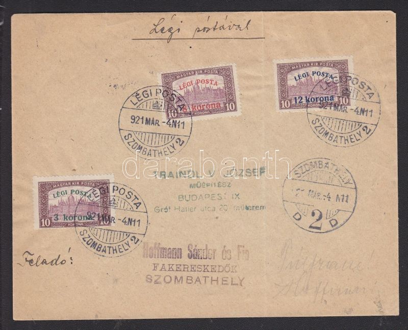 1921.03.04. (2. díjszabás) Légi levél teljes sorral &quot;SZOMBATHELY&quot; - &quot;BUDAPEST&quot;, Complete set on airmail cover &quot;SZOMBATHELY&quot; - &quot;BUDAPEST&quot;