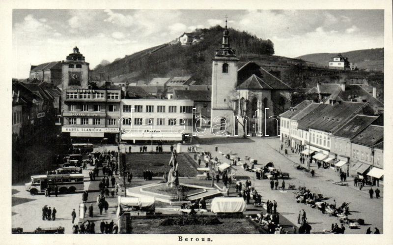 Beroun main square with Café Slavia and Bata shoeshop, market, autobus