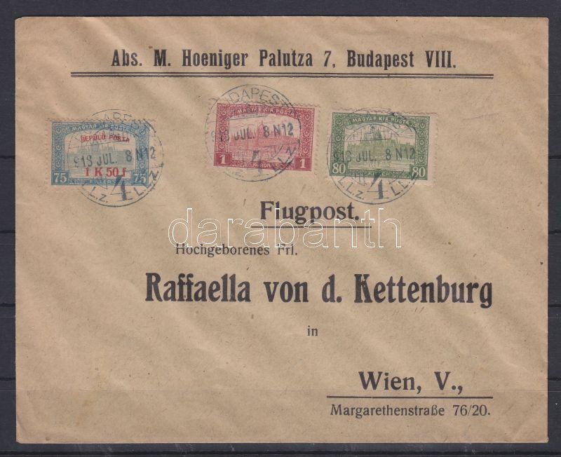Airmail to Vienna with additional franking. Signed: Visnyovszki, 1918.jul. 8. Légi levél Bécsbe 1K50f Repülő posta bélyeggel és 1.80K kiegészítő bérmentesítéssel