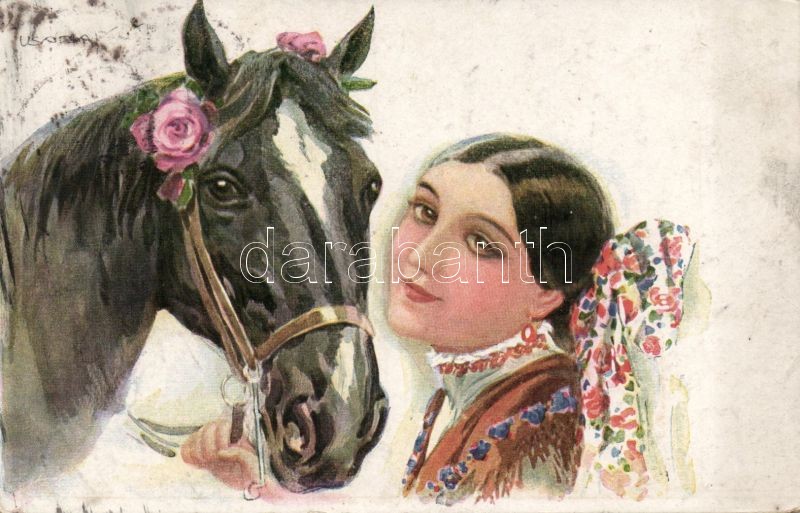 Olasz művészlap, nő lóval, Erkal No. 328/2. s: Usabal, Italian art postcard, lady, horse, Erkal No. 328/2. s: Usabal