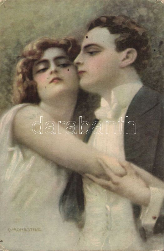 Romantic art postcard, couple s: C. Monestier, Romantikus képeslap, pár s: C. Monestier