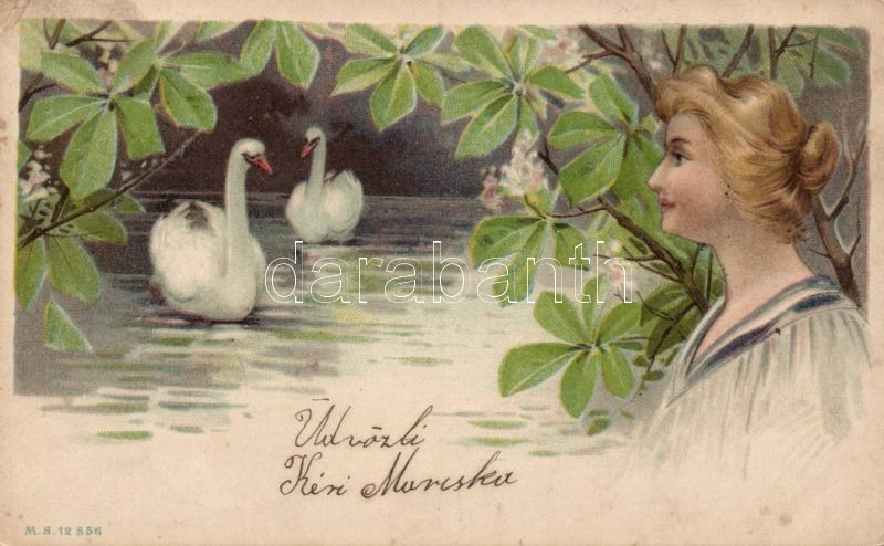 Hölgy hattyúkkal litho, Lady with swans litho