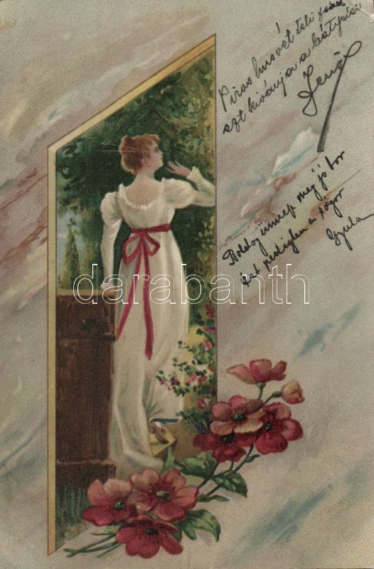 Lady with flowers litho, Hölgy virágokkal litho