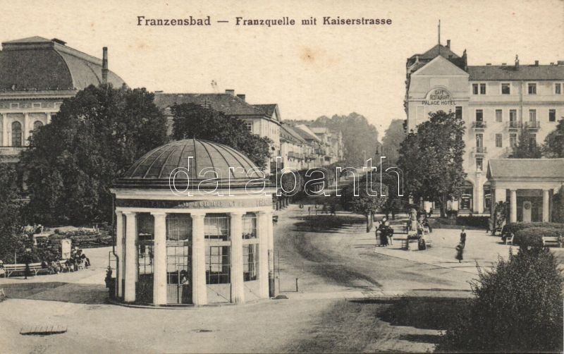 Frantiskovy Lazne, Franzensbad; Franzensquelle, Kaiserstrasse / fountain, street, Cafe, Restaurant Palace Hotel