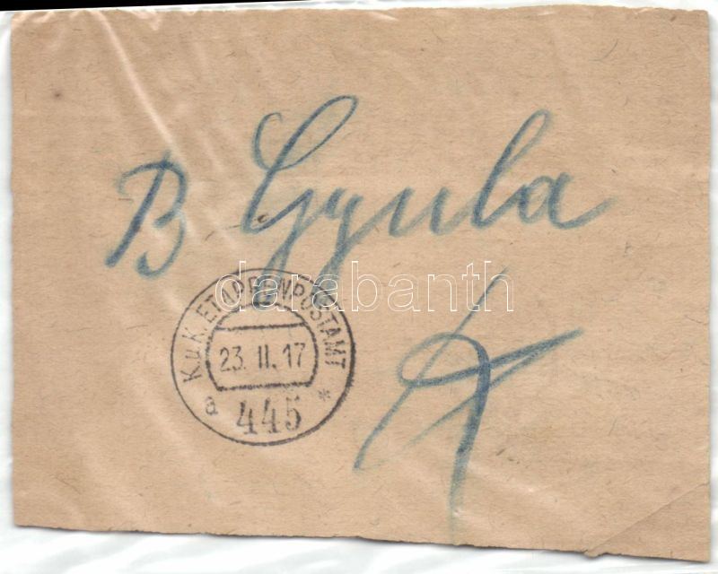 Address label for airmail covers from Budapest - "EP 445a" ismét felhasználva Gyulára, Levélköteg címzés Budapestről - "EP 445a" ismét felhasználva Gyulára