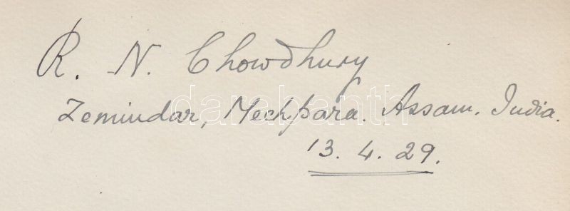 1929 R. N. Chowdhury földesúr Machpara, Assam eredeti aláírása / 
1929 Original signature of Zamindar R. N. Chowdhury, Machpara, Assam, 17x13cm