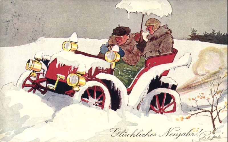 Újév, autó télen, humor, B.K.W.I. 2666-5., New Year, automobile, winter, B.K.W.I. 2666-5.
