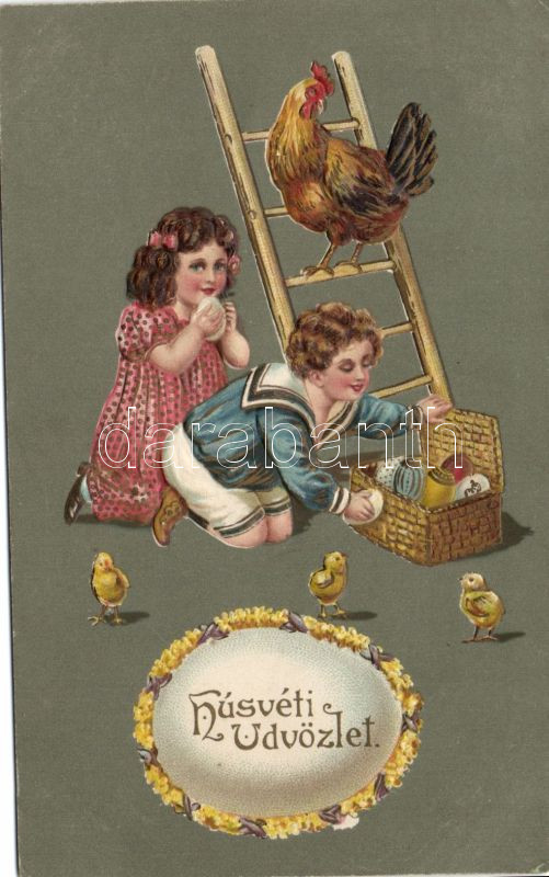 Easter, children, chicken, Emb. litho, Húsvér, csirkék, Emb. litho