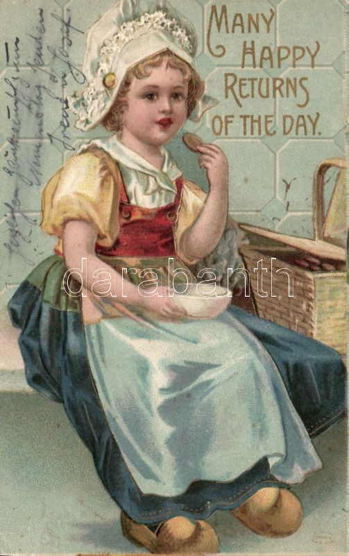 Birthday, little girl, Dutch folklore Emb. litho, Születésnap, kislány, holland folklór Emb. litho