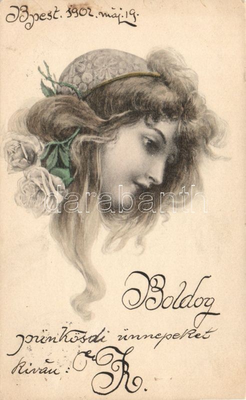 Romantic lady with flowers, M. Munk, Romantikus hölgy, virágokkal, M. Munk
